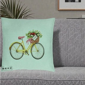 Perna Decorativa Bicicleta Galbena cu Cos de Flori Primavara, 40x40 cm, Verde Menta, Husa Detasabila, Perna Inclusa, BEKZ®