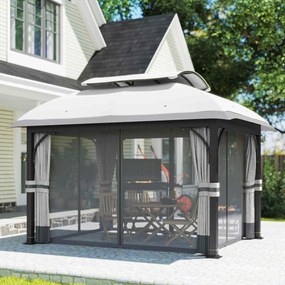 Outsunny Pavilion de Grădină cu Perdele, Plasă, Acoperiș Ventilat și Cadru Metalic Galvanizat, 395x330x294 cm, Gri | Aosom Romania