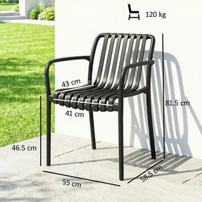 Set 4 Scaune de Grădină Outsunny Stivuibile din PP Rezistent la Razele UV, Scaune de Luat Masa pentru Exterior cu Spătar Ergonomic cu Lamele și Brațe, pentru Terasă, Balcon, Grădină, 55x58,5x81,5 cm, Negru | Aosom Romania