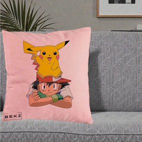 Perna Personalizata Ash si Pikachu, 40x40 cm, Roz, Husa Detasabila, Perna Inclusa, BEKZ®