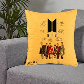 Perna Personalizata K-pop BTS Semnaturi Foto, 40x40 cm, Galben, Husa Detasabila, Perna Inclusa, BEKZ®