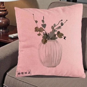 Perna Decorativa Vaza cu Eucalipt Watercolor, 40x40 cm, Roz, Husa Detasabila, Perna Inclusa, BEKZ®