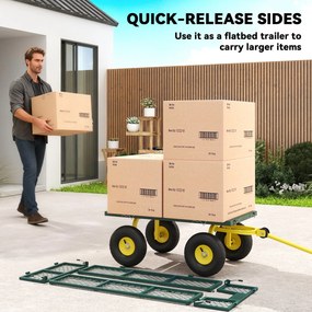 Outsunny Cărucior de Grădină Robust, Remorcă din Oțel cu Pereți Laterali Detașabili, Convertibil în Platformă, Roți de 25cm, Mâner Rotativ la 180°, Capacitate 200 kg, pentru Plajă, Peluză și Grădină, Verde | Aosom Romania