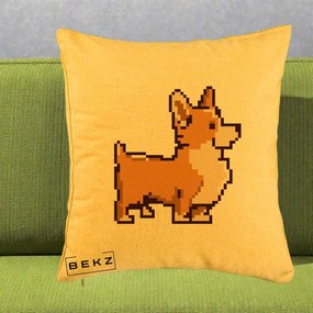 Perna Personalizata Corgi Pixel Art, 40x40 cm, Galben, Husa Detasabila, Perna Inclusa, BEKZ®