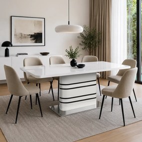 Masă dining extensibilă, alb HG extra lucios/dungi negre, 160-200x90 cm, TUBAL