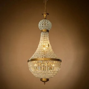 Candelabru din metal, auriu, în stil Empire, cu glob și cristale din sticlă și 8 becuri, 110 x 50 cm, „Bombay”