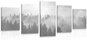 Tablou 5-piese ceață deasupra pădurii în design alb-negru