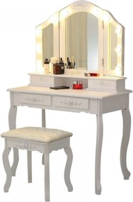 RESIGILAT- Set Anastasia, masă de toaletă cu 3 oglinzi iluminate LED, control touch, 4 sertare, scaun, Alb