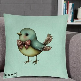 Perna Decorativa Pasare Bleu cu Fundita Rosie, 40x40 cm, Verde Menta, Husa Detasabila, Perna Inclusa, BEKZ®