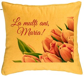 Perna Decorativa, Model La multi ani Maria, 40x40 cm, Galben, Husa Detasabila, Burduf