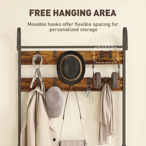 HOMCOM Suport de Haine de Intrare cu Bară, 10 Cârlige Mobile, Bancă și Raft pentru Încălțăminte, Mobilier în Pal și Metal, Design Industrial, 80x40x182 cm, Maro și Negru | Aosom Romania