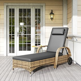 Outsunny Șezlong de soare cu saltea spătar reglabil multipoziții cotiere roți 200 x 73 x 30-103 cm galben | Aosom Romania