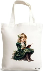 Sacosa de Panza pentru Cumparaturi, Geanta Tote, model The bookie girl 18 38 x 34.5 cm, Alba, BEKZ®