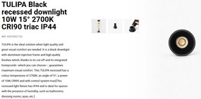 Spot LED incastrabil TULIPA Black recessed downlight 10W 15° 2700K CRI90 triac IP44