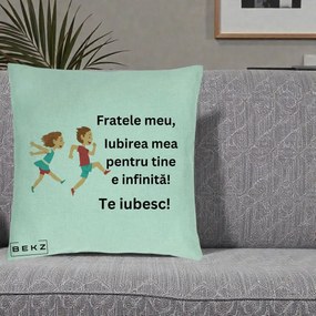 Cadou pentru Frate - Perna Personalizata Fratele Meu Te Iubesc Copii Alergand Colorat, 40x40 cm, Verde Menta, Husa Detasabila, Perna Inclusa, BEKZ®