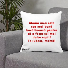 Cadou pentru Mama - Perna Personalizata Mama cea Mai Buna Bucatareasa, 40x40 cm, Alba Mata, Husa Detasabila, Perna Inclusa, BEKZ®