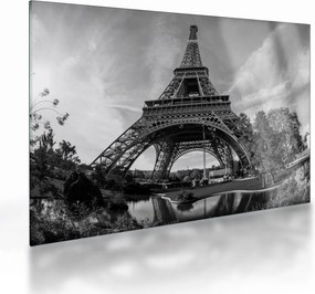 Tablou pe sticlă - Turnul Eiffel, alb-negru (70x50 cm)