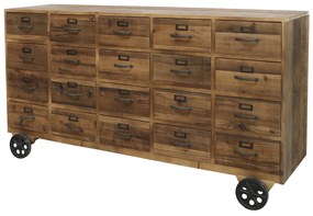 Consola din lemn masiv, cu sertare si roti, aspect rustic
