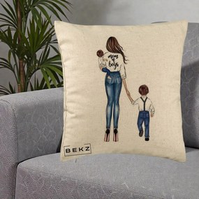 Cadou pentru Mama - Perna Personalizata Mom of Boys Mama cu Baietii, 40x40 cm, Bej, Husa Detasabila, Perna Inclusa, BEKZ®