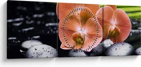 Tablou - Orhidee portocalie cu frunze de palmier (cu ceas) (90x30 cm)