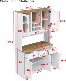 Bufet dulap înalt, Spațiu generos de depozitare cu 5 uși și 3 sertare, 94,5x30x175,5 cm, Alb