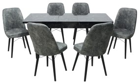 Set masă extensibilă Aris Negru Marmorat cu 6 scaune Atena Gri Deschis