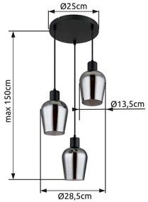 Lustra suspendata design modern RYAN 3L negru/fumuriu