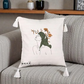 Perna Decorativa Portret Feminin Profil Flori Portocalii, 40x40 cm, Bej cu Franjuri, Husa Detasabila, Perna Inclusa, BEKZ®