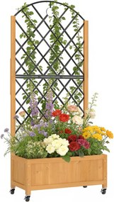 Outsunny Jardinieră înaltă cu grilaj metalic, jardiniere din lemn cu roți, jardinieră outdoor, maro | Aosom Romania