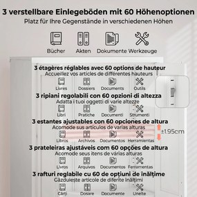 HOMCOM Dulap pentru Birou în Oțel cu 3 Rafturi Reglabile cu Serratură și 2 Chei, 80x40x175 cm, Alb | Aosom Romania