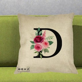 Cadou Personalizat - Perna Personalizata Monograma Florala Litera D, 40x40 cm, Crem, Husa Detasabila, Perna Inclusa, BEKZ®