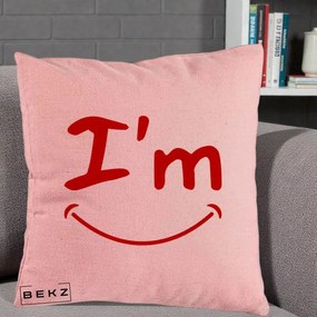 Perna Decorativa I'm Happy Smile, 40x40 cm, Roz, Husa Detasabila, Perna Inclusa, BEKZ®