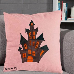 Perna Decorativa Halloween Casa Bantuita Minimalista, 40x40 cm, Roz, Husa Detasabila, Perna Inclusa, BEKZ®