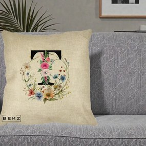 Cadou Personalizat - Perna Personalizata Monogram Litera T cu Flori Acuarela, 40x40 cm, Crem, Husa Detasabila, Perna Inclusa, BEKZ®