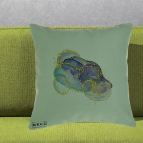 Perna Decorativa Abstract Acuarela Albastru-Mov cu Cercuri Aurii, 40x40 cm, Verde, Husa Detasabila, Perna Inclusa, BEKZ®