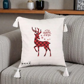 Perna Decorativa Ren Buffalo Plaid Craciun, 40x40 cm, Bej cu Franjuri, Husa Detasabila, Perna Inclusa, BEKZ®