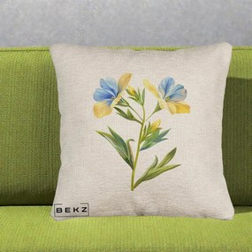 Perna Decorativa Botanica Frezie Galbena si Albastra, 40x40 cm, Bej Canapea, Husa Detasabila, Perna Inclusa, BEKZ®