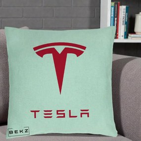 Perna Personalizata cu emblema Tesla, 40x40 cm, Verde Menta, Husa Detasabila, Perna Inclusa, BEKZ®