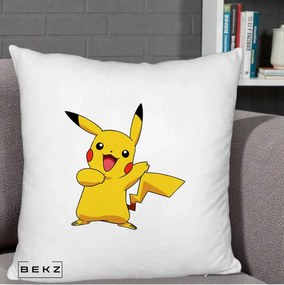 Perna Personalizata Pikachu Fericit, 40x40 cm, Alb Pufos, Husa Detasabila, Perna Inclusa, BEKZ®