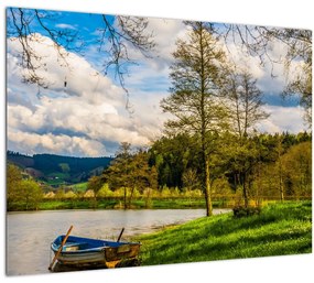 Tablou pe sticlă - Barcă pe lac (70x50 cm)