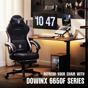 DOWINX 6650F - Scaun Gaming Ergonomic, Masaj in perna lombara, Șezut cu Arcuri Metalice și Spumă, Suport pentru picioare, Rabatabil 90°–135°, Rezistent 136 kg, Material textil, Negru