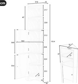 Dulap de baie triunghiular cu două rafturi deschise, pereți despărțitori reglabili, 51,7x32x155,4 cm, Alb