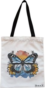 Sacosa de Panza pentru Cumparaturi, Geanta Tote, Blue Butterfly, Cu fermoar, 38x34.5 cm, Alba, BEKZ®