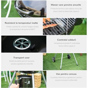 Gratar cu Carbune Capac si Termometru Outsunny, Grilaj Dublu, Metal Negru | Aosom RO