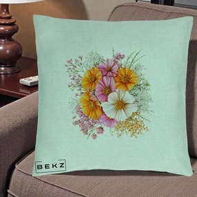Perna Decorativa Buchet Cosmos Portocaliu Roz si Alb, 40x40 cm, Verde Menta, Husa Detasabila, Perna Inclusa, BEKZ®