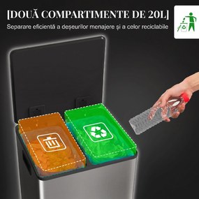 HOMCOM Coș de Gunoi cu 2 Secțiuni, cu Pedală și Capac cu Închidere Lentă, Coș de Deșeuri, 41.8x36.7x58 cm, Argintiu | Aosom Romania