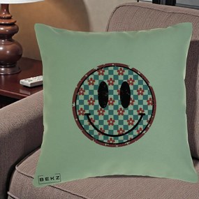 Perna Decorativa Smiley Face Checkered cu Floricele, 40x40 cm, Verde, Husa Detasabila, Perna Inclusa, BEKZ®
