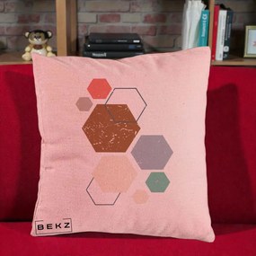 Perna Decorativa Geometric Hexagoane Multicolor, 40x40 cm, Roz, Husa Detasabila, Perna Inclusa, BEKZ®