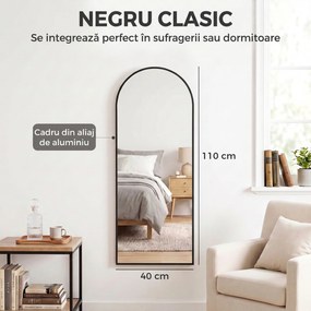 HOMCOM Oglindă de Perete Arcuită 110x40 cm, Ramă din Aluminiu, Cârlige, Design Modern, Negru | Aosom Romania