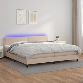 3134188 vidaXL Pat cu arcuri, cu saltea și LED cappuccino 200x200 cm piele eco